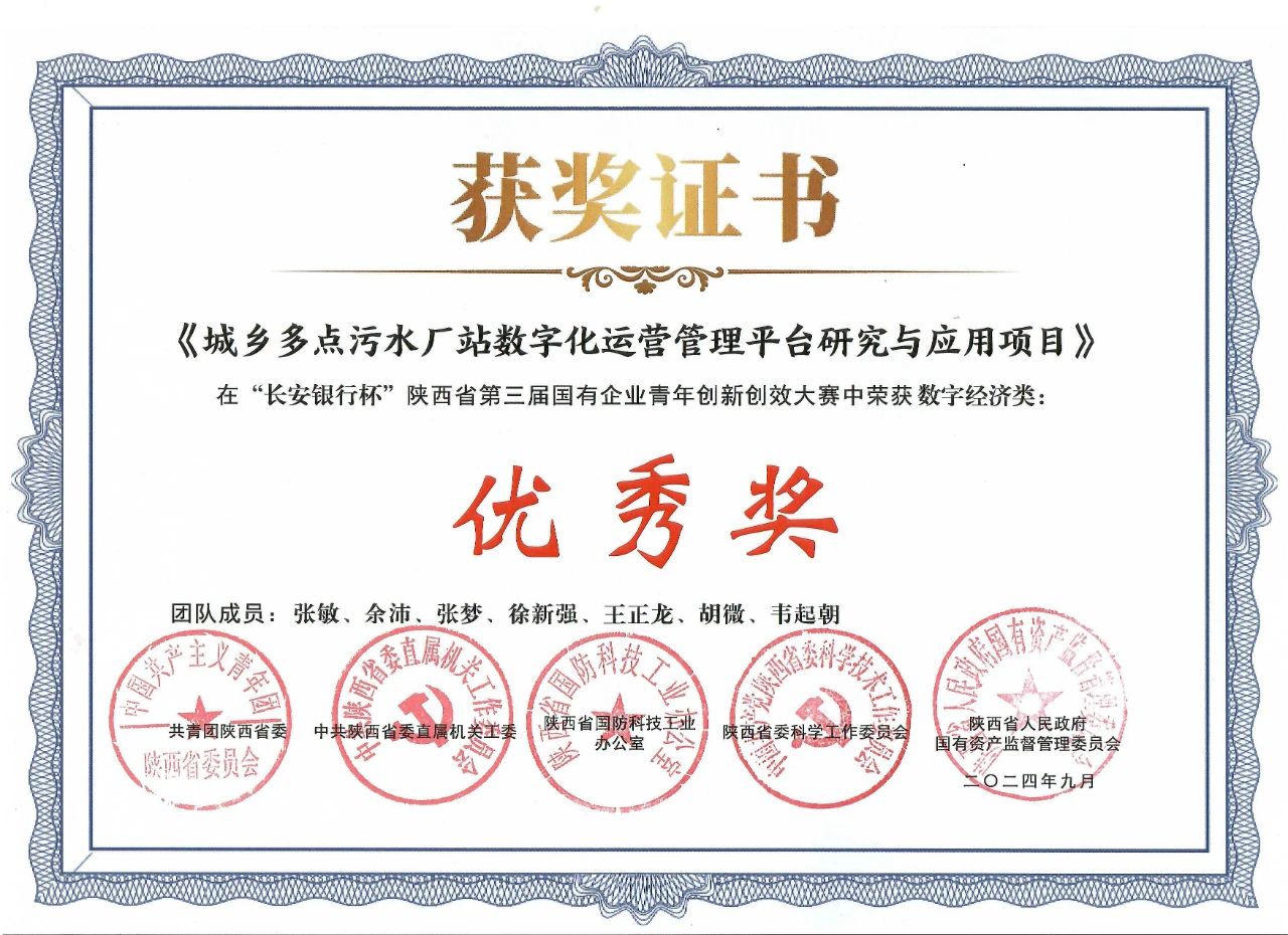 水環境公司一項目榮獲陜西省第三屆國有企業青年創新創效大賽“優秀獎”